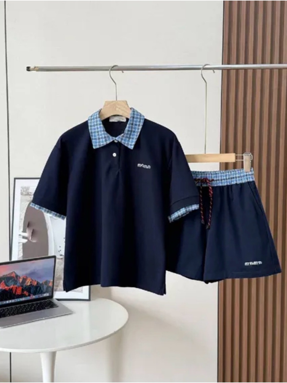 Miu Miu Navy Polo and Short Set with Blue Check Trim